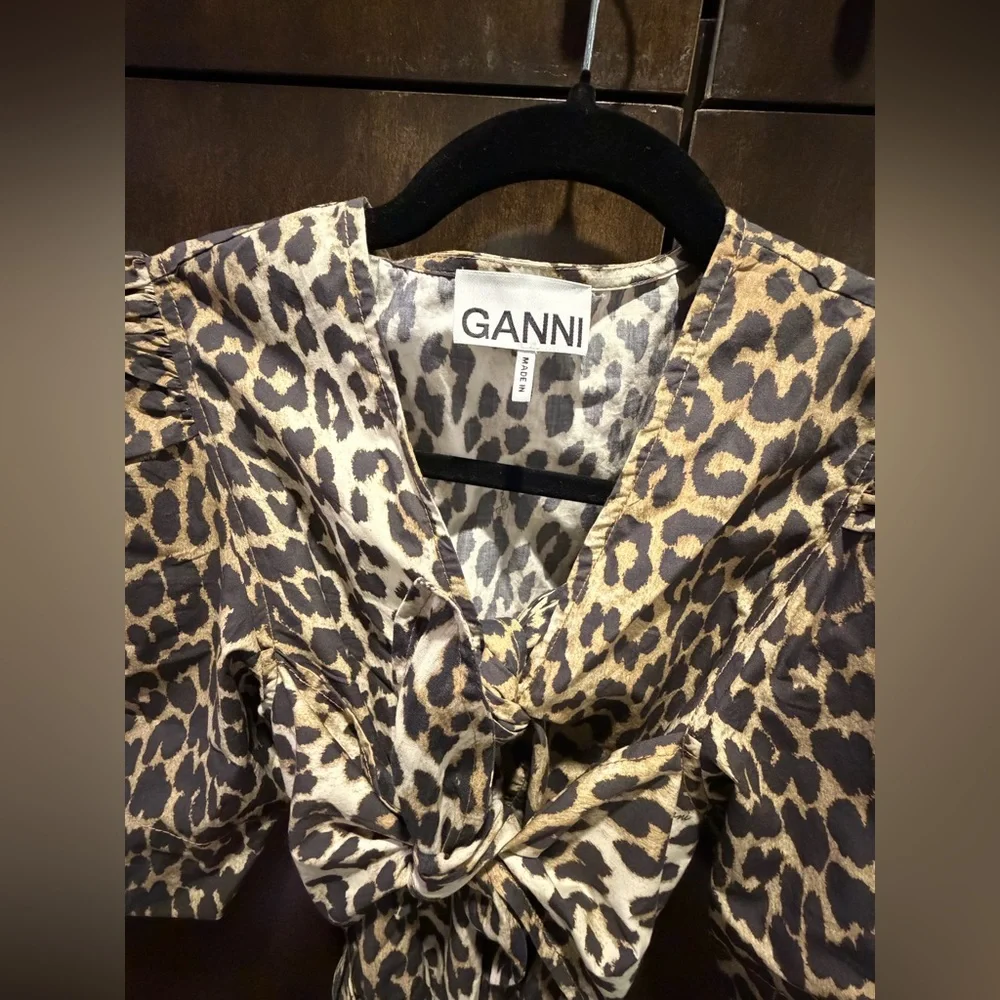 GANNI Leopard Printed Cotton Tie Strap Midi Dress - Picture 6 of 8